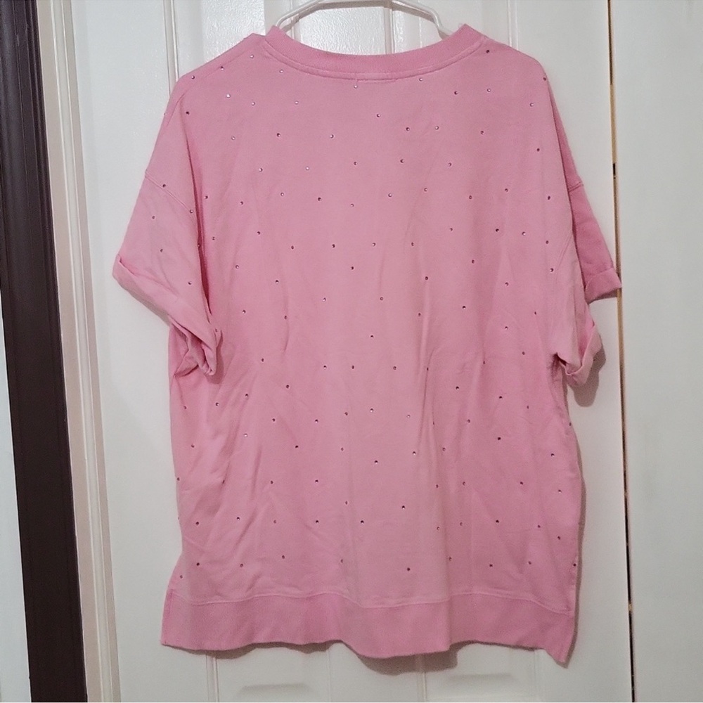 White Birch Rhinestone Cotton Pink Crew V Neck Short Sleeve Oversized Top NWOT - Picture 8 of 16